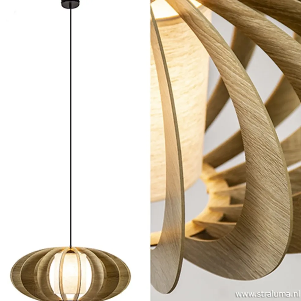 Hanglamp 64cm houten lamellen+linnen kap