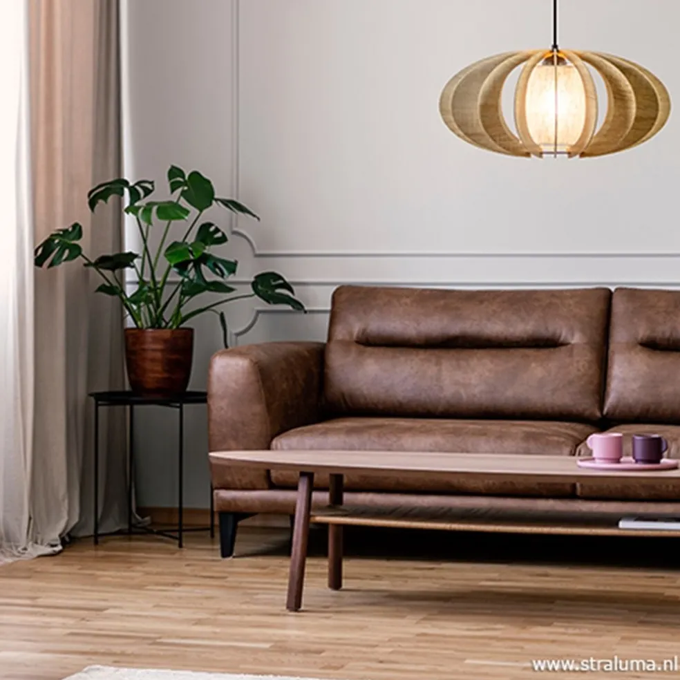 Hanglamp houten lamellen + kap 50cm