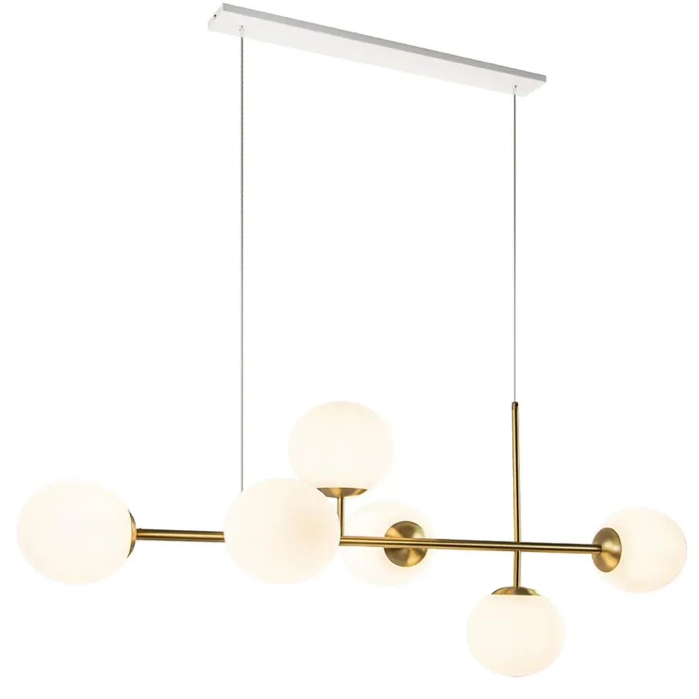 Hanglamp 6L brass met opaal bolglas