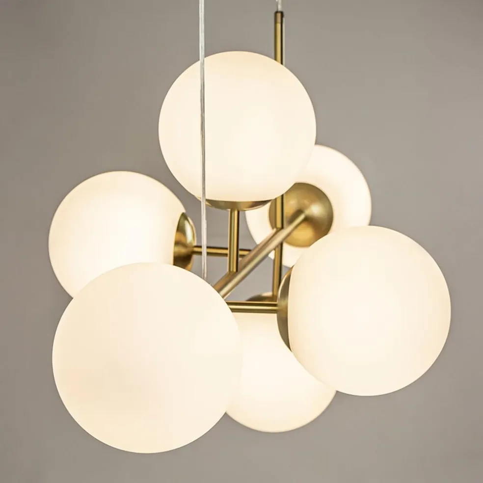 Hanglamp 6L brass met opaal bolglas