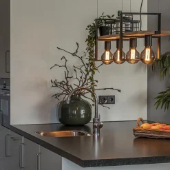 Hanglamp 4L zwart met houten planken