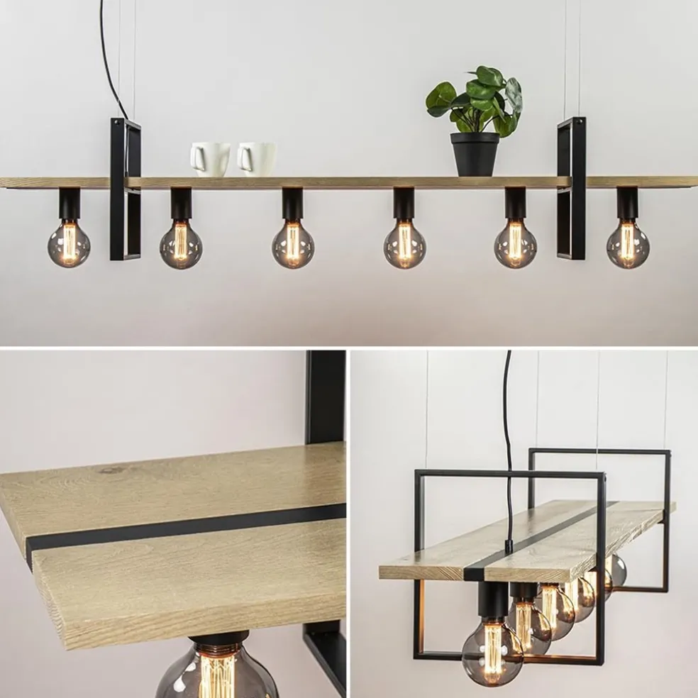 Hanglamp 6L zwart met houten planken