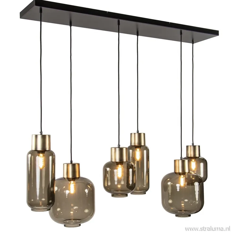 Hanglamp Lett 6L zwart/brons+glas smoke