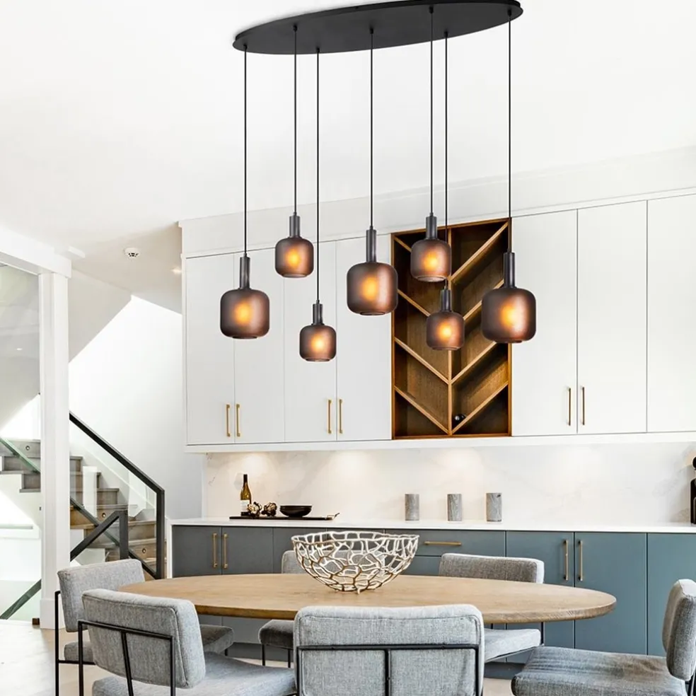 Hanglamp 7-lichts ovaal met mat zwart glas
