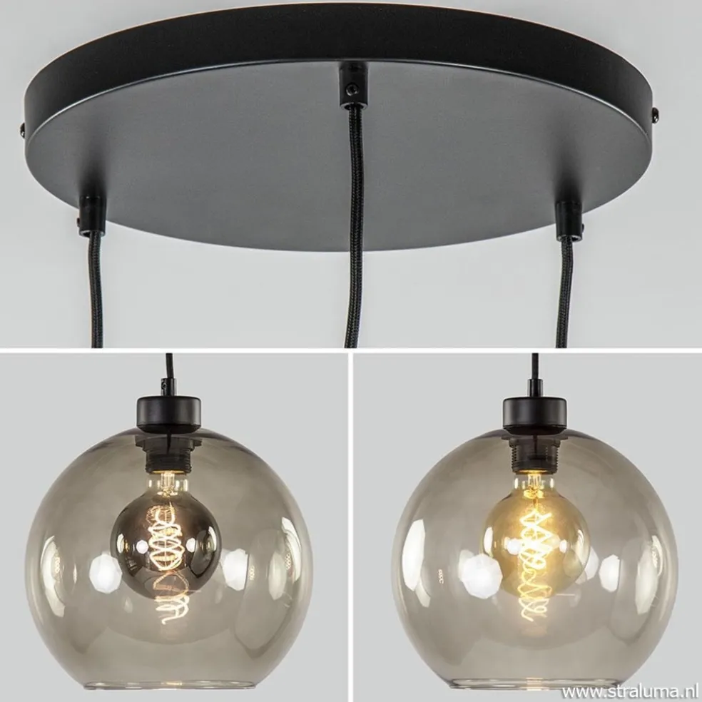 Hanglamp 3-lichts rond glas smoke 25 cm