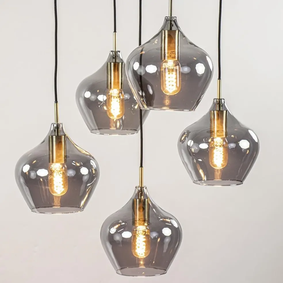 Hanglamp Rakel 5L rond antiek brass + smoke glas