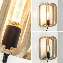 Houten wandlamp met zwarte fitting en snoer