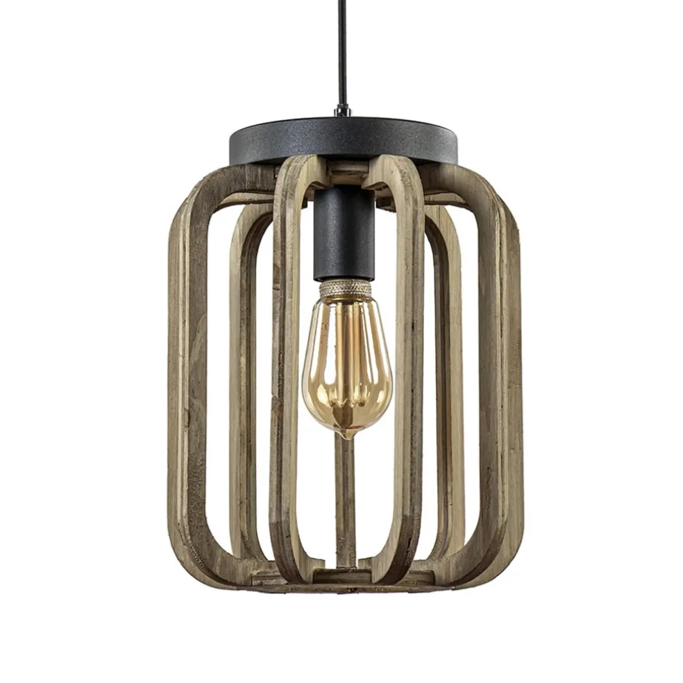 Industrieel landelijke hanglamp mat zwart met ruw hout