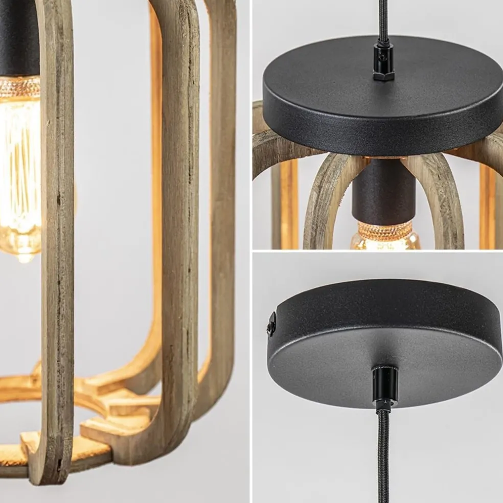 Industrieel landelijke hanglamp mat zwart met ruw hout