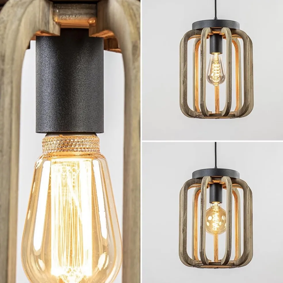Industrieel landelijke hanglamp mat zwart met ruw hout