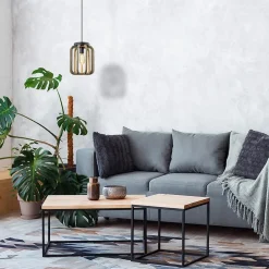 Industrieel landelijke hanglamp mat zwart met ruw hout