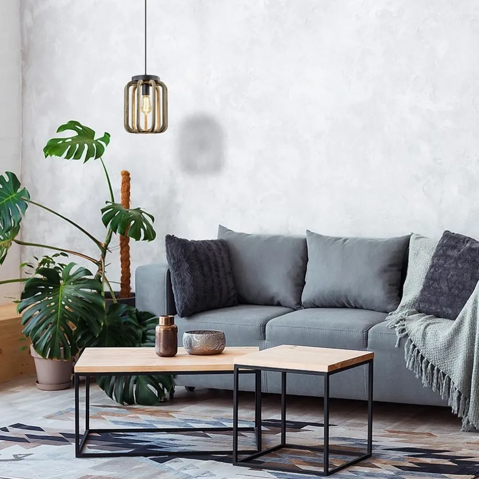 Industrieel landelijke hanglamp mat zwart met ruw hout