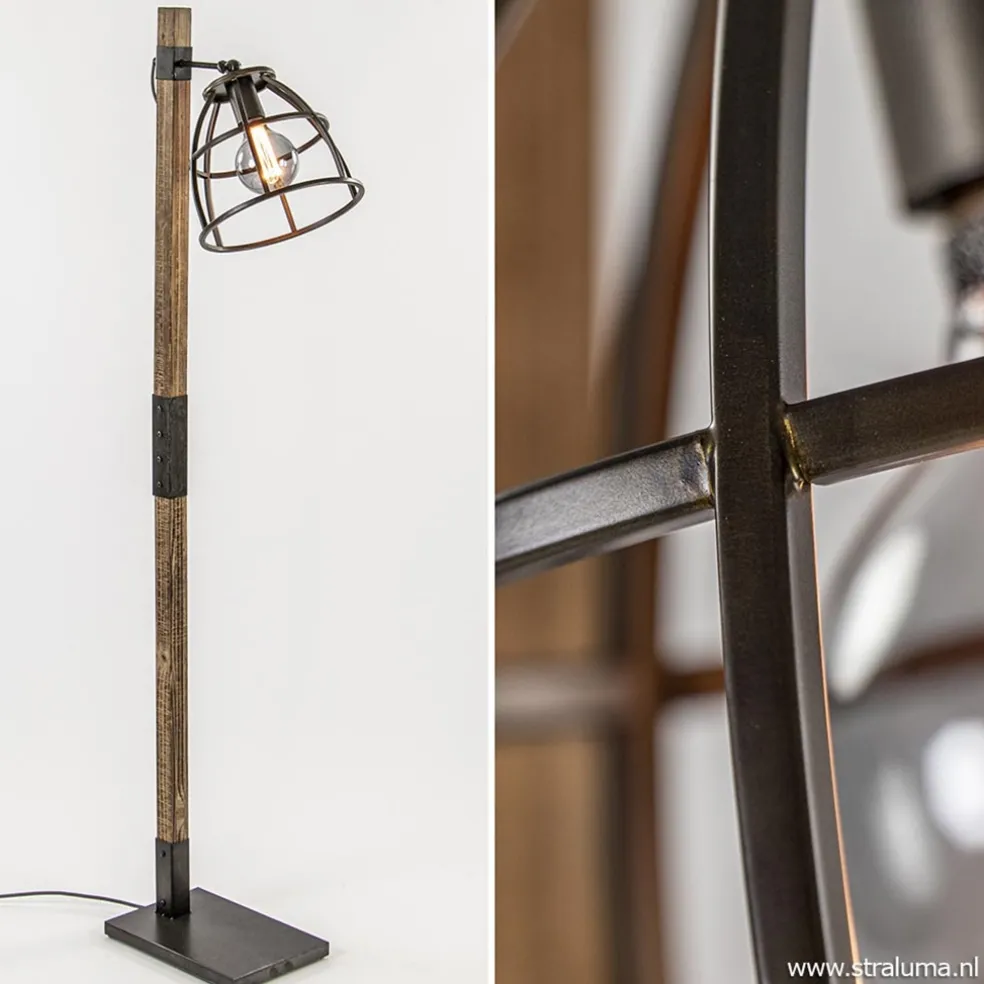 Industrieel landelijke vloerlamp Matrix hout met metalen korf