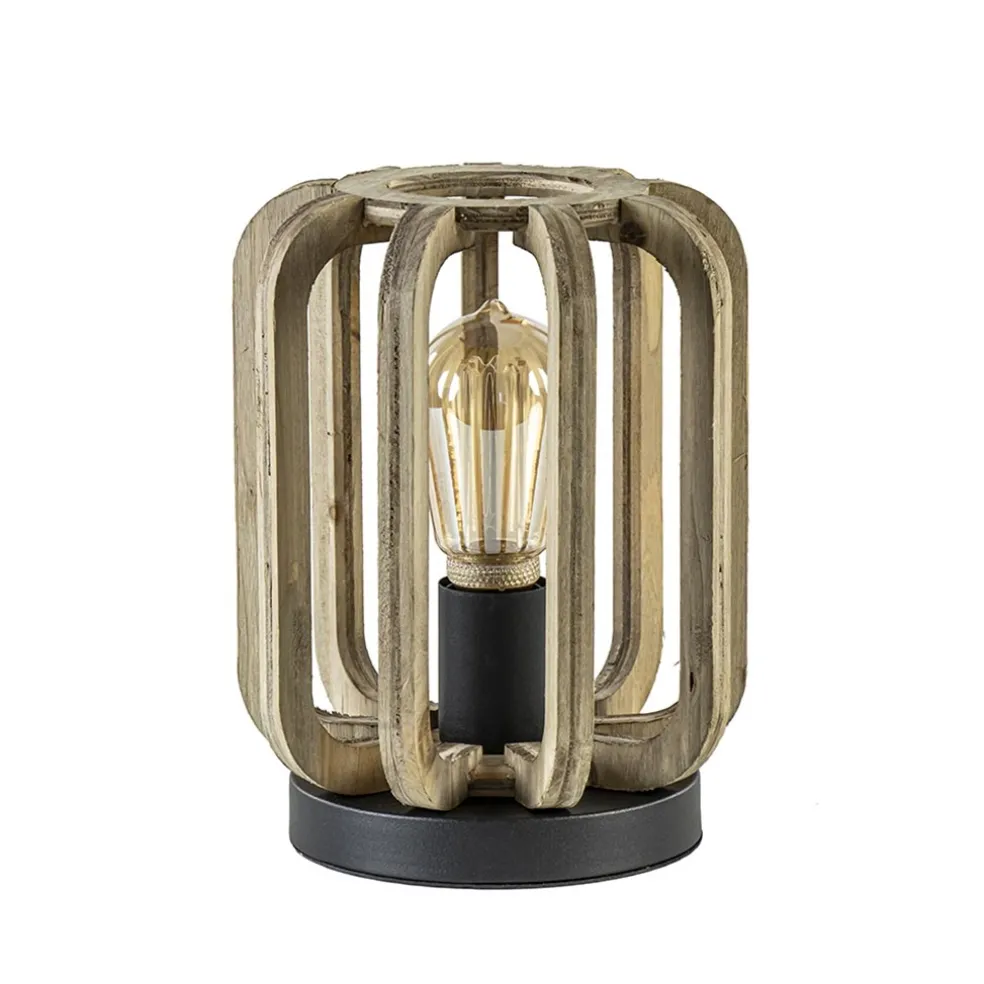 Industriële tafellamp houten kooi met mat zwart