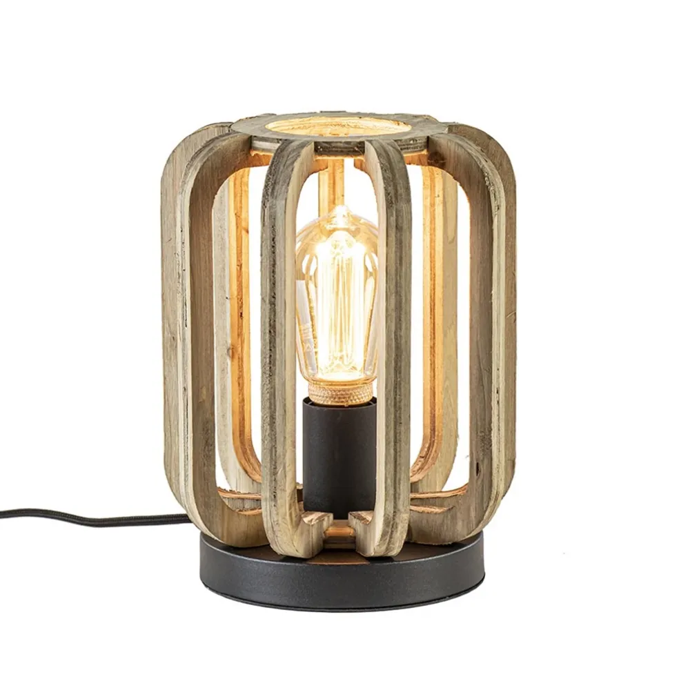 Industriële tafellamp houten kooi met mat zwart