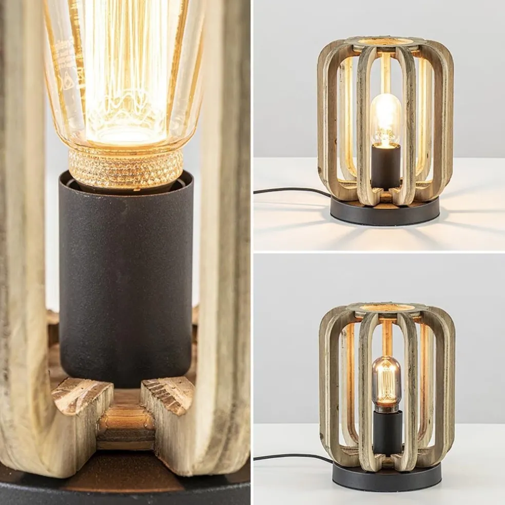 Industriële tafellamp houten kooi met mat zwart