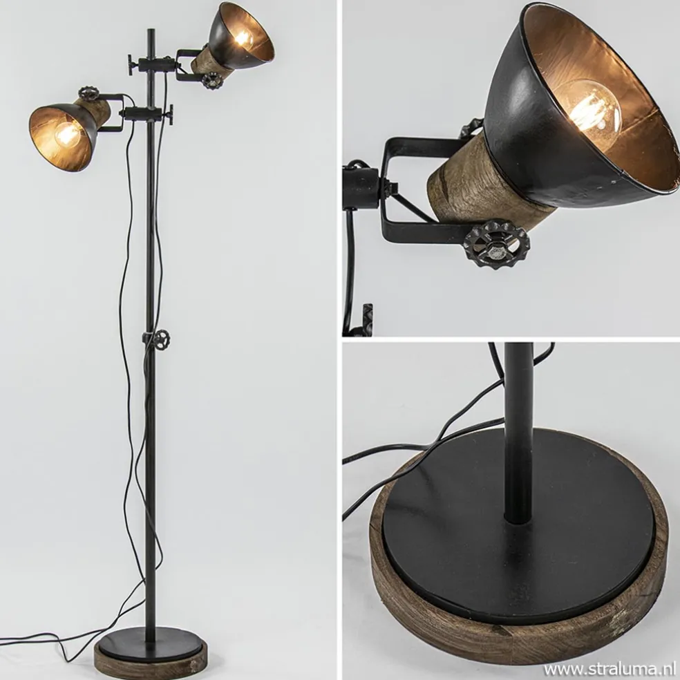 Industriële vloerlamp Jody metaal met hout