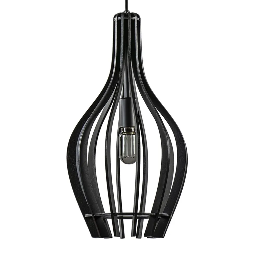 Kleine hanglamp kegel houten lamellen zwart