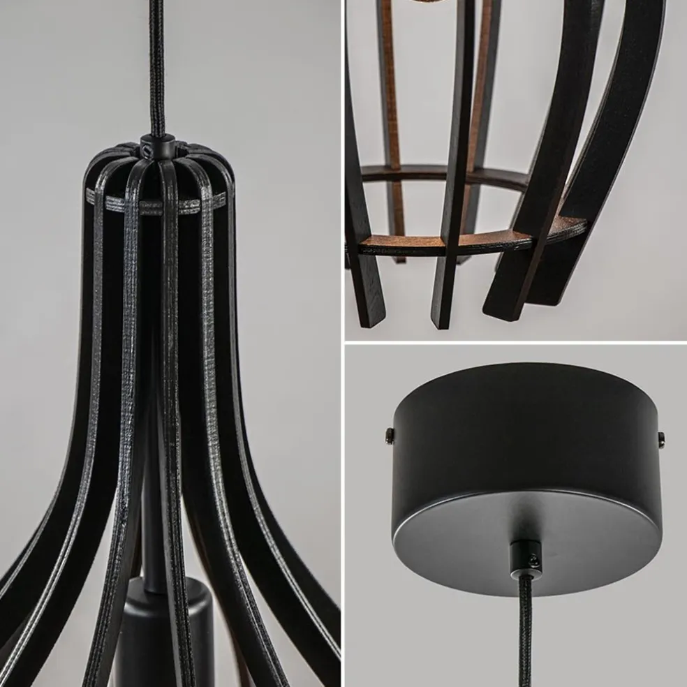 Kleine hanglamp kegel houten lamellen zwart