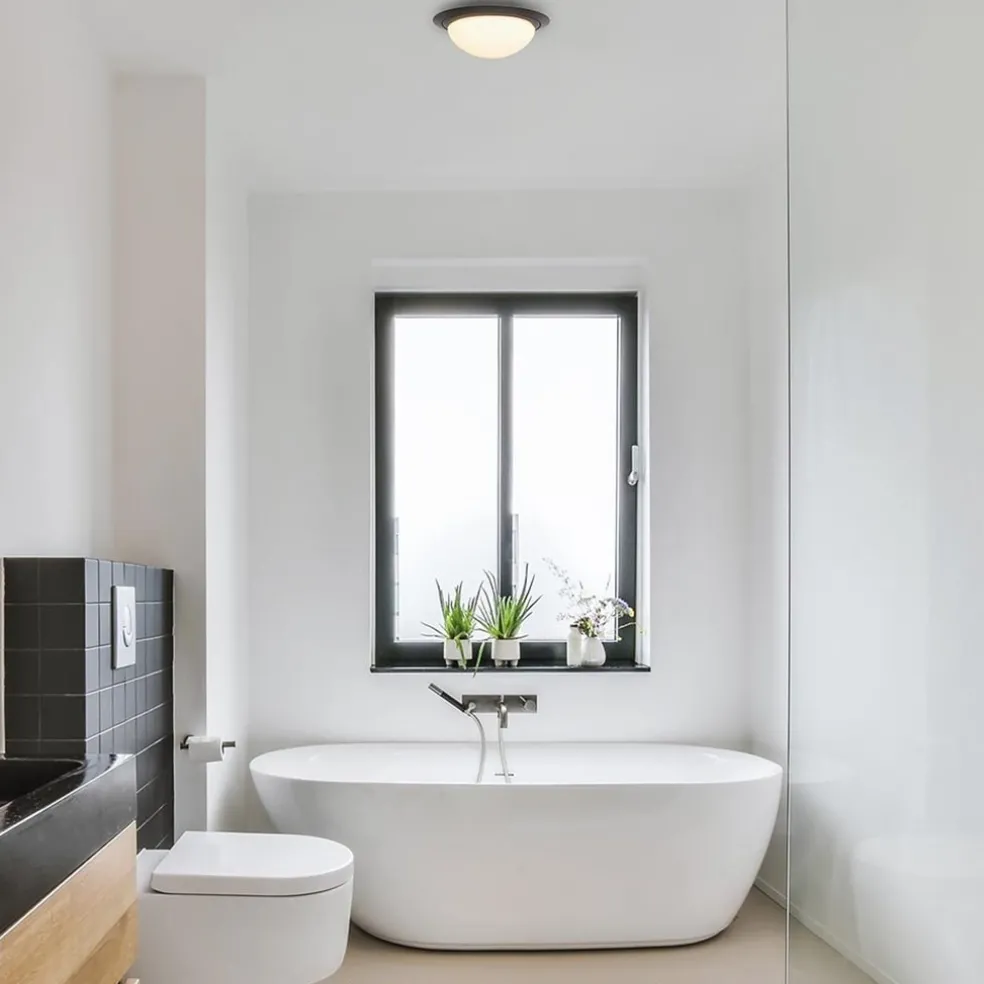 Kleine LED plafondlamp zwart met wit glas IP44