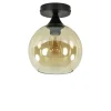 Kleine plafondlamp zwart met amber glazen bol