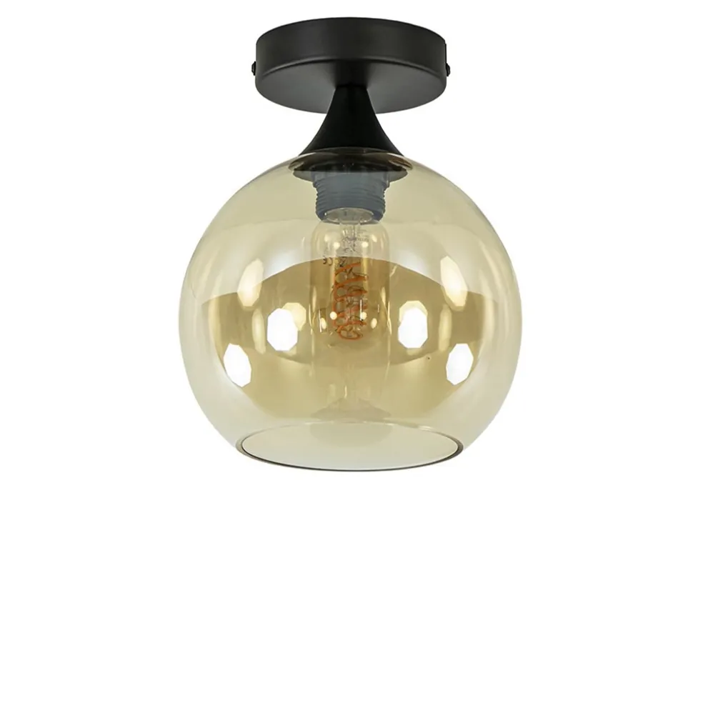 Kleine plafondlamp zwart met amber glazen bol
