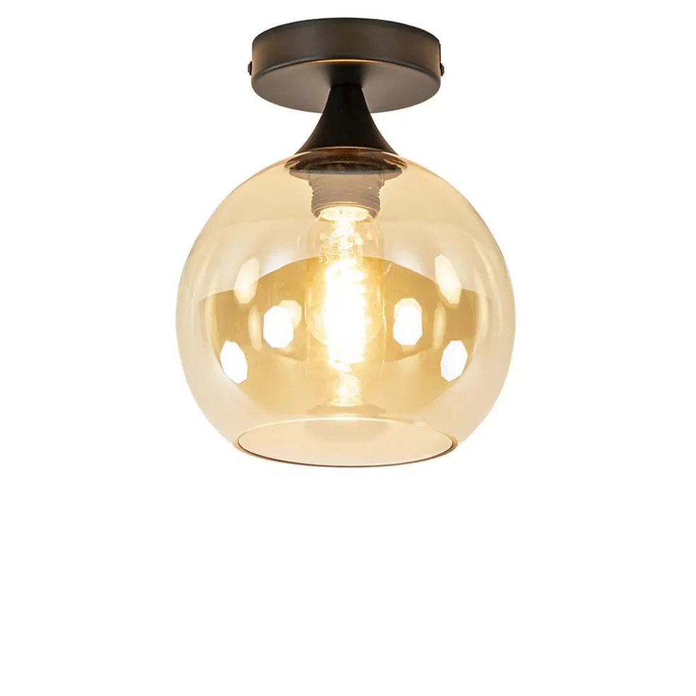 Kleine plafondlamp zwart met amber glazen bol