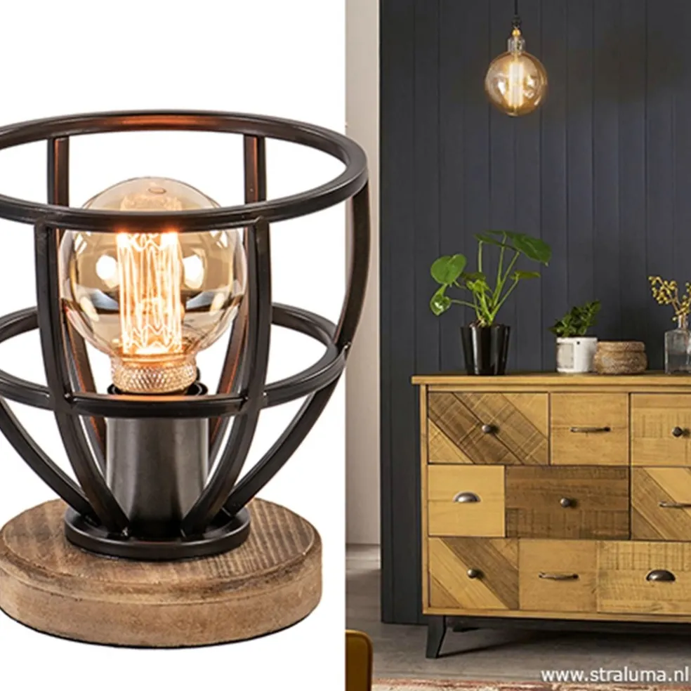 Kleine tafellamp Matrix zwart met hout