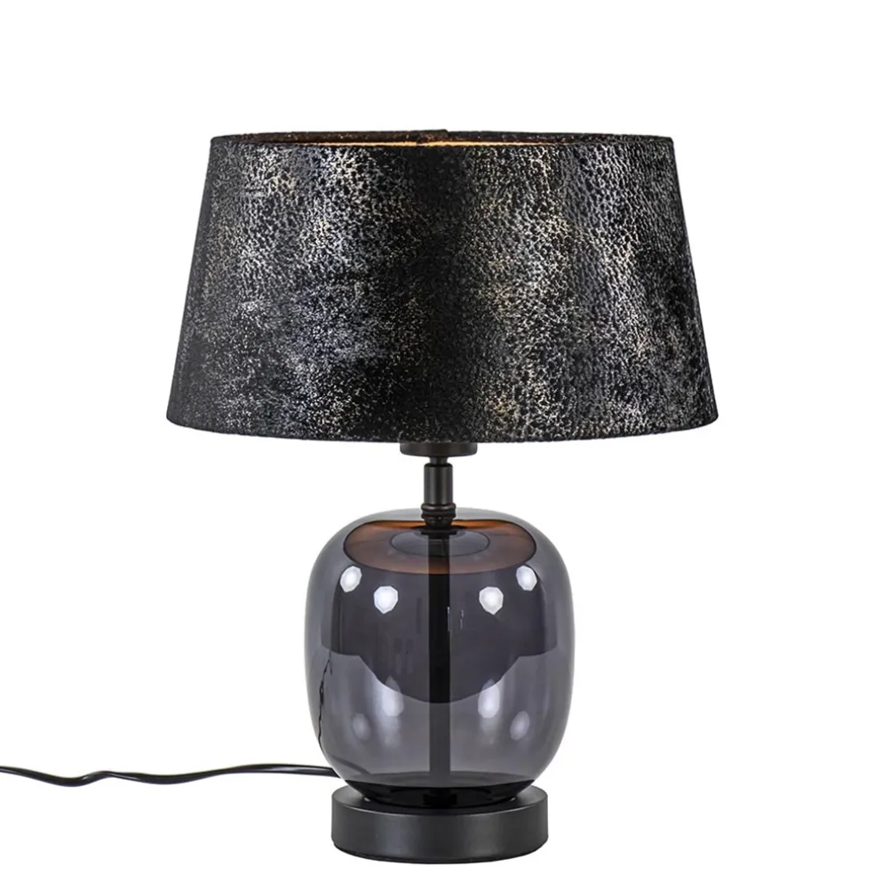 Kleine tafellamp zwart glas met stoffen kap