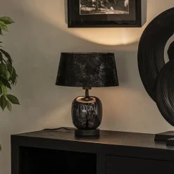 Kleine tafellamp zwart glas met stoffen kap