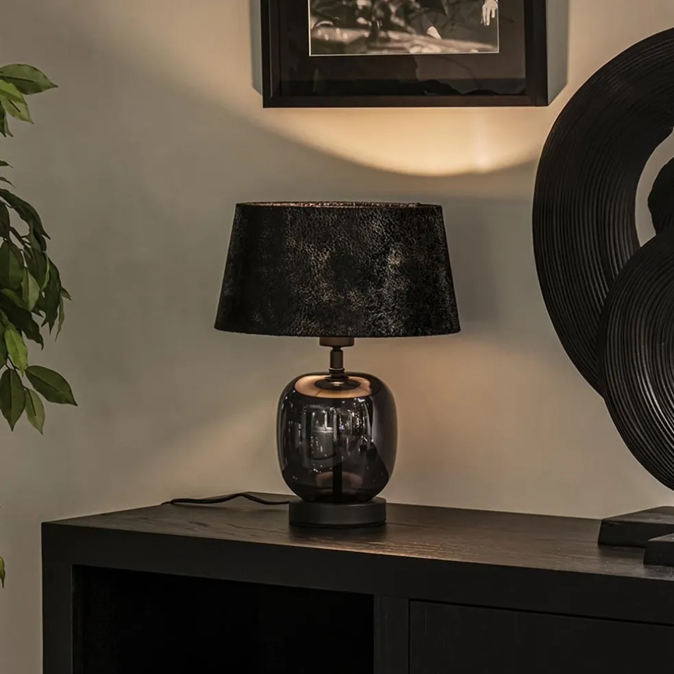 Kleine tafellamp zwart glas met stoffen kap