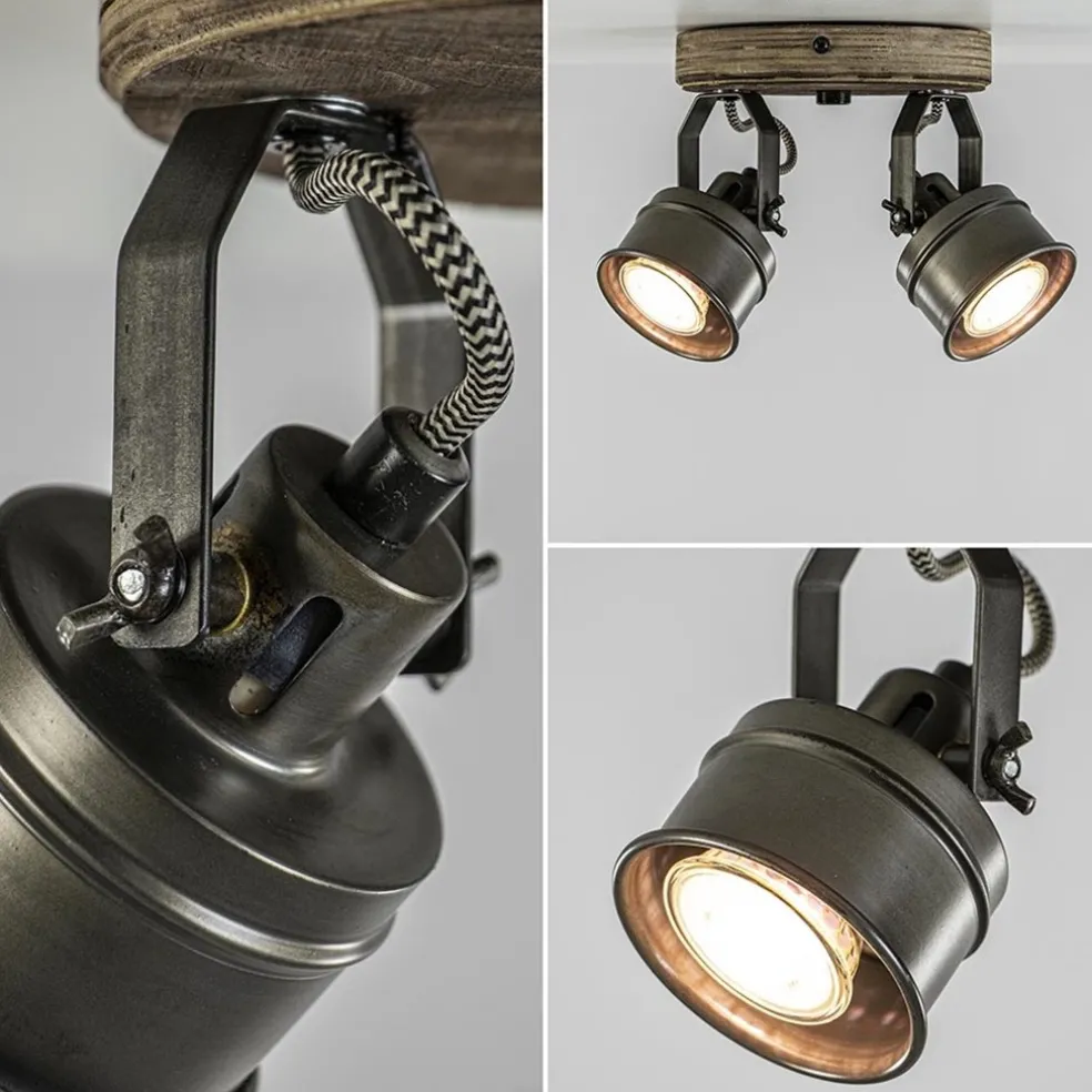 Landelijke 2-lichts opbouwspot gun metal met hout