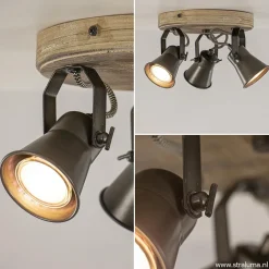Landelijke 3-lichts plafondspot Seed metaal met hout