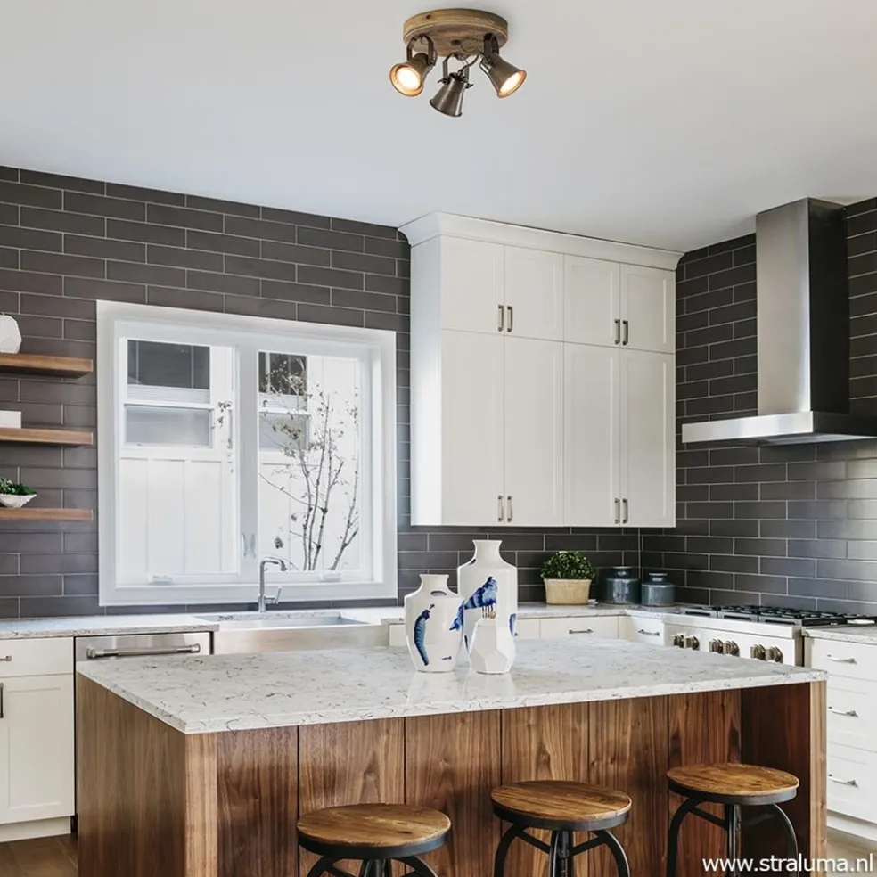 Landelijke 3-lichts plafondspot Seed metaal met hout