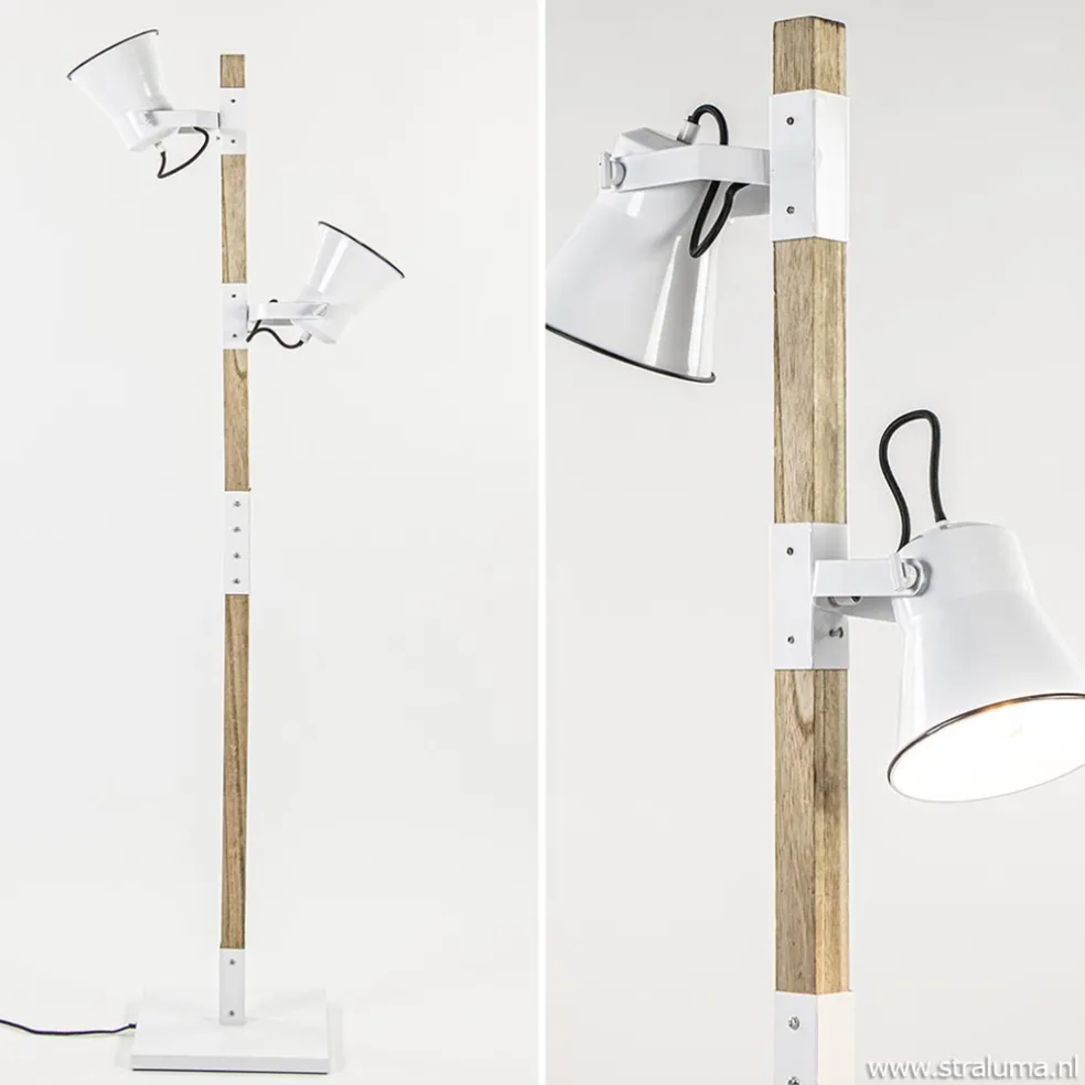 Landelijke 2-lichts vloerlamp hout met witte kappen