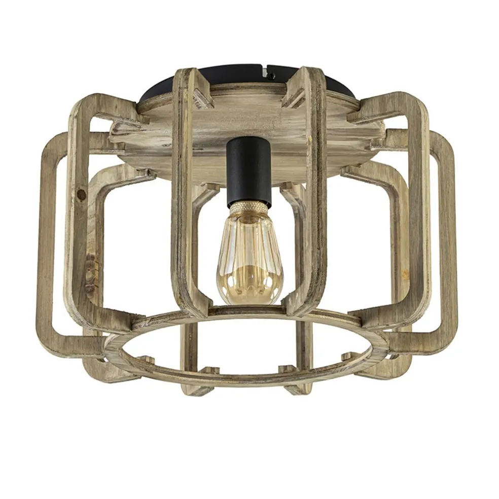 Landelijke plafondlamp ruw hout mat zwart