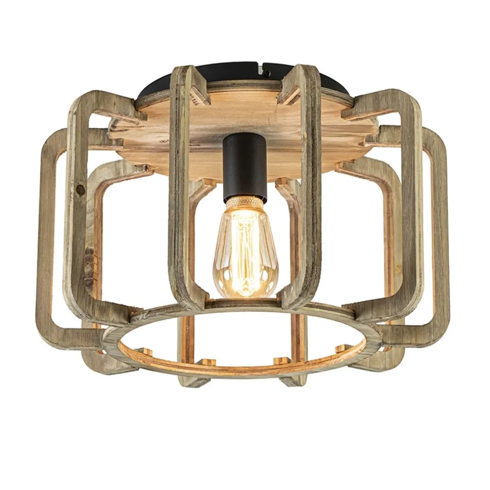 Landelijke plafondlamp ruw hout mat zwart