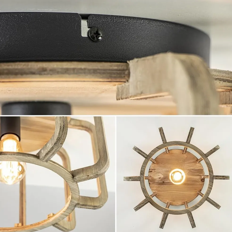 Landelijke plafondlamp ruw hout mat zwart