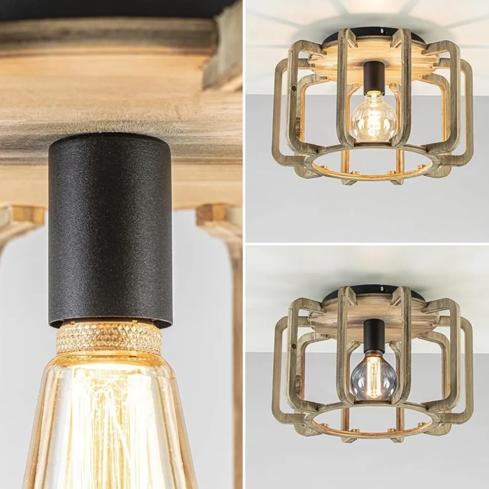 Landelijke plafondlamp ruw hout mat zwart