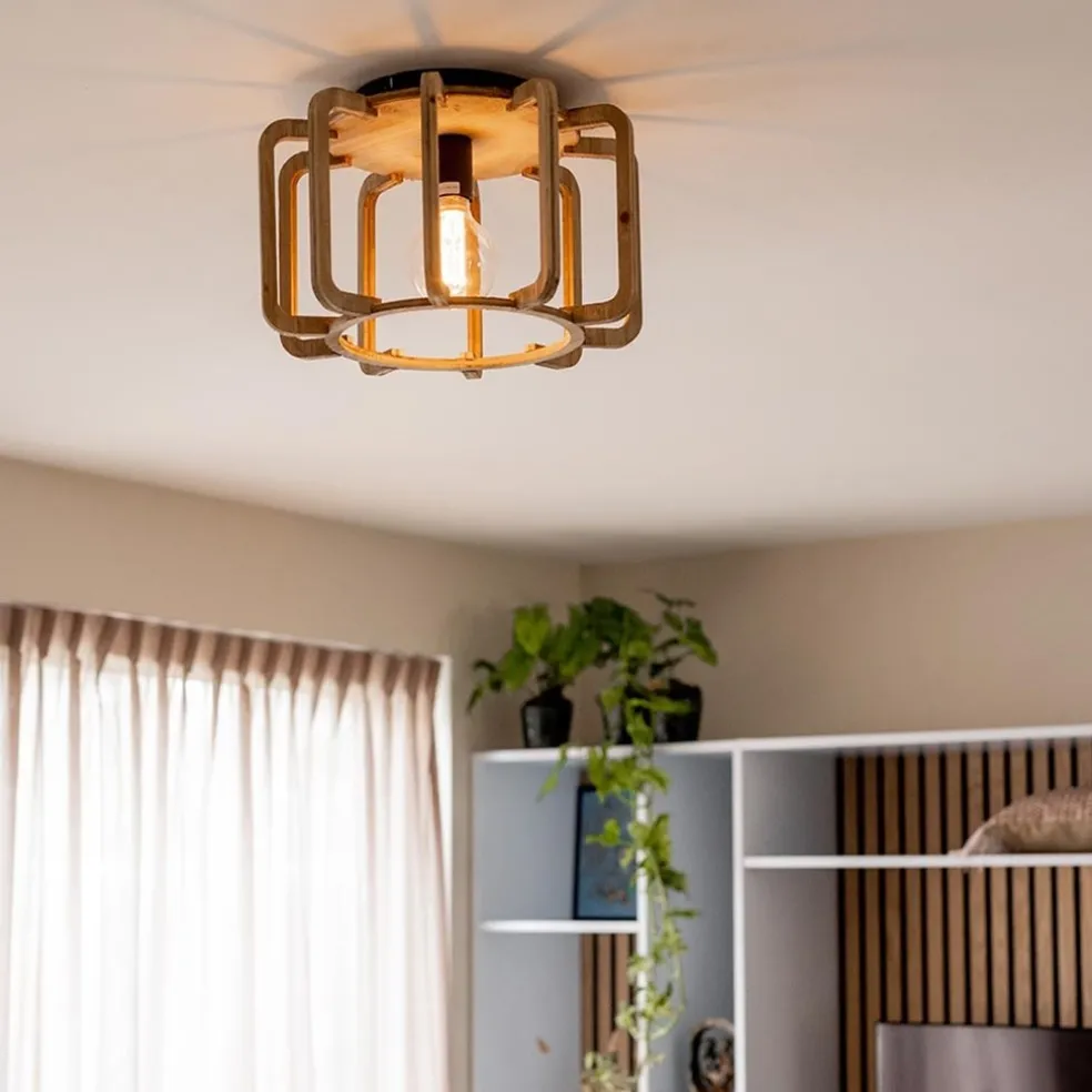 Landelijke plafondlamp ruw hout mat zwart