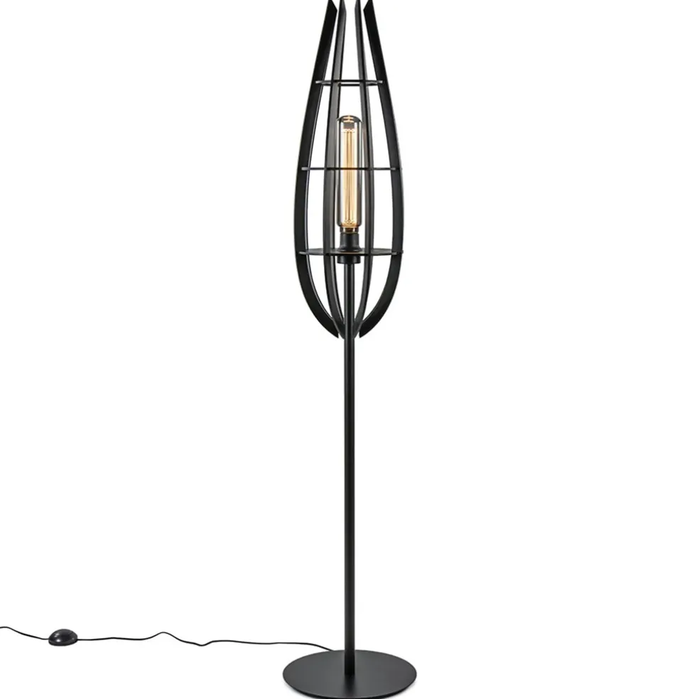 Landelijke vloerlamp mat zwart met houten kap