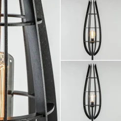 Landelijke vloerlamp mat zwart met houten kap