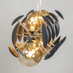 Langwerpige hanglamp grijs/goud + amber glas