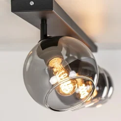 Langwerpige plafondlamp mat zwart met smoke glazen bollen