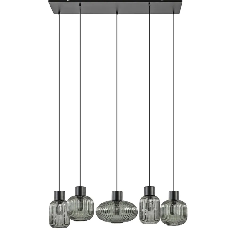 5-Lichts eettafelhanglamp geribbeld smoke glas met zwart