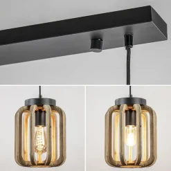 4-Lichts eettafelhanglamp mat zwart met ruw hout