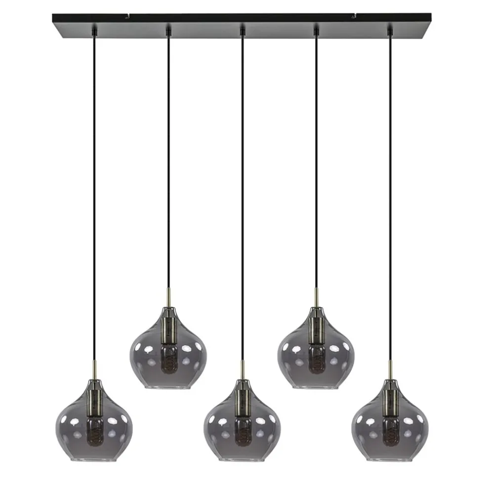 5-Lichts eettafelhanglamp Rakel antiek brass met smoke glas
