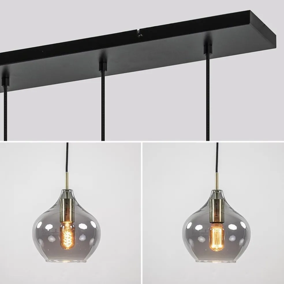 5-Lichts eettafelhanglamp Rakel antiek brass met smoke glas