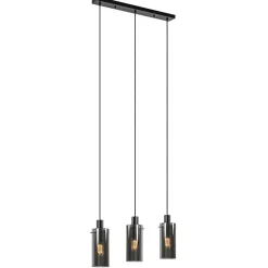 3-Lichts eettafelhanglamp zwart met cilinder smoke glas