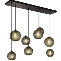 8-Lichts eettafelhanglamp zwart met smoke glazen kappen reliëf